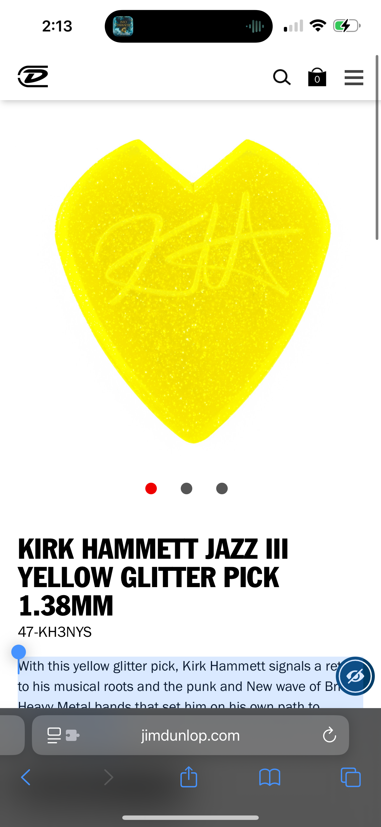 KIRK HAMMETT JAZZ III YELLOW GLITTER PICK 1.38MM